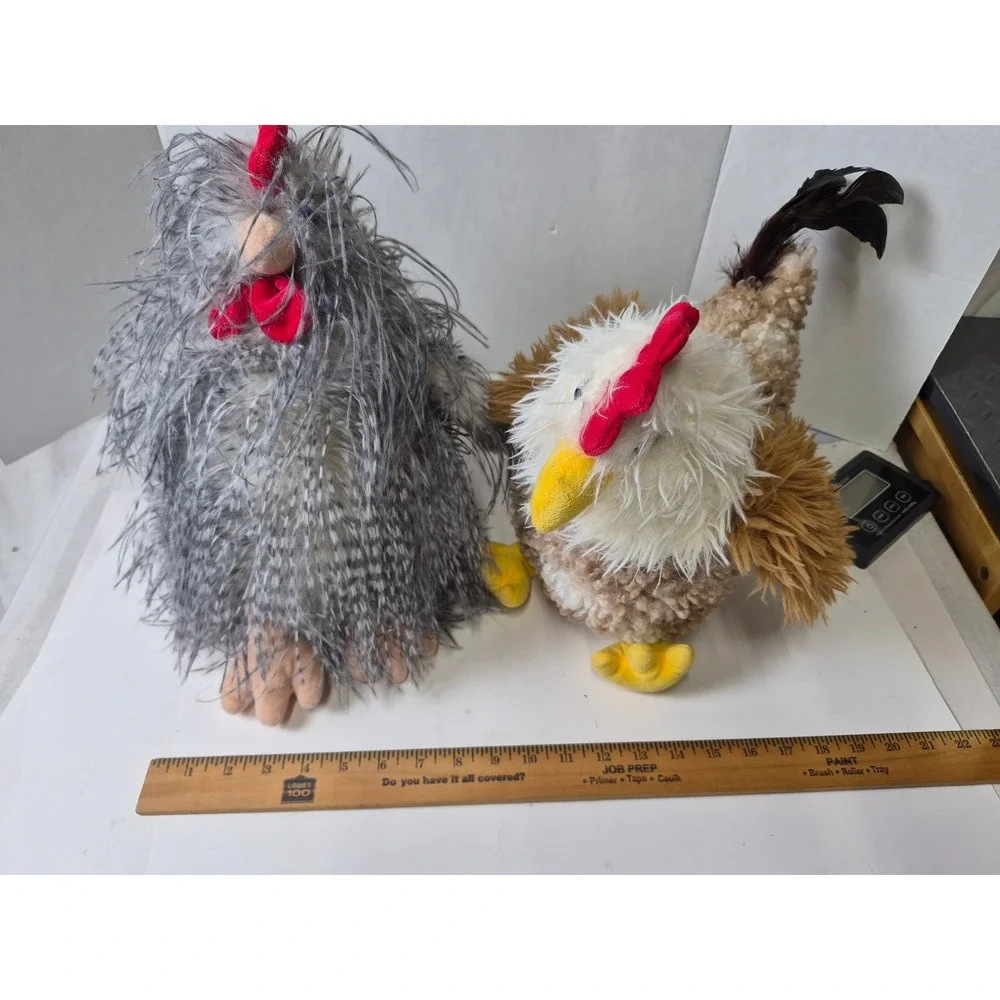 Rooster Chicken Plush Set Grey and Brown Stuffed Animal large 11in Barn Fun Fur